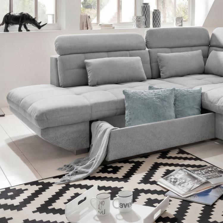 Rohová sedacia súprava šedá – roh vľavo s funkciou spania a úložným priestorom