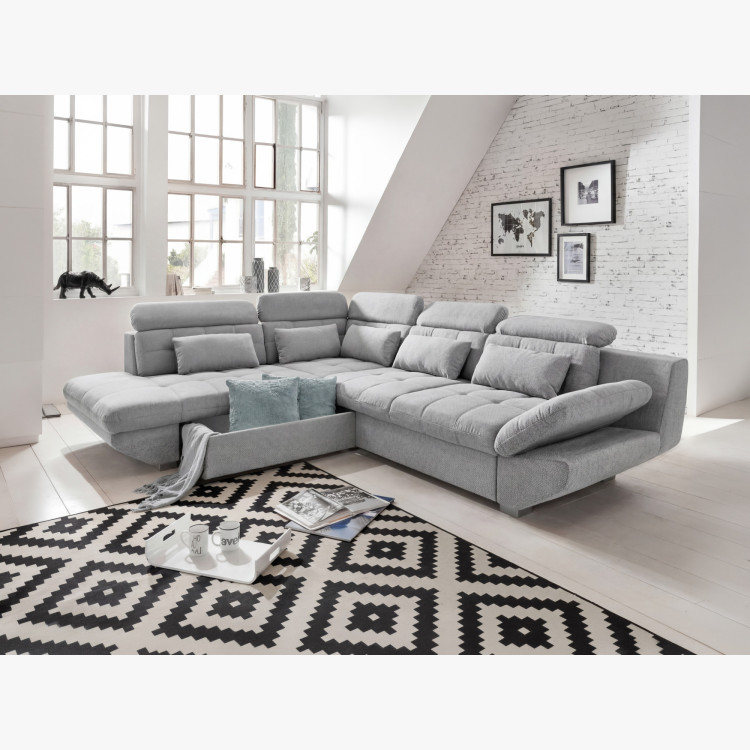 Rohová sedacia súprava šedá – roh vľavo s funkciou spania a úložným priestorom