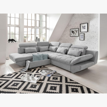 Rohová sedacia súprava šedá – roh vľavo s funkciou spania a úložným priestorom