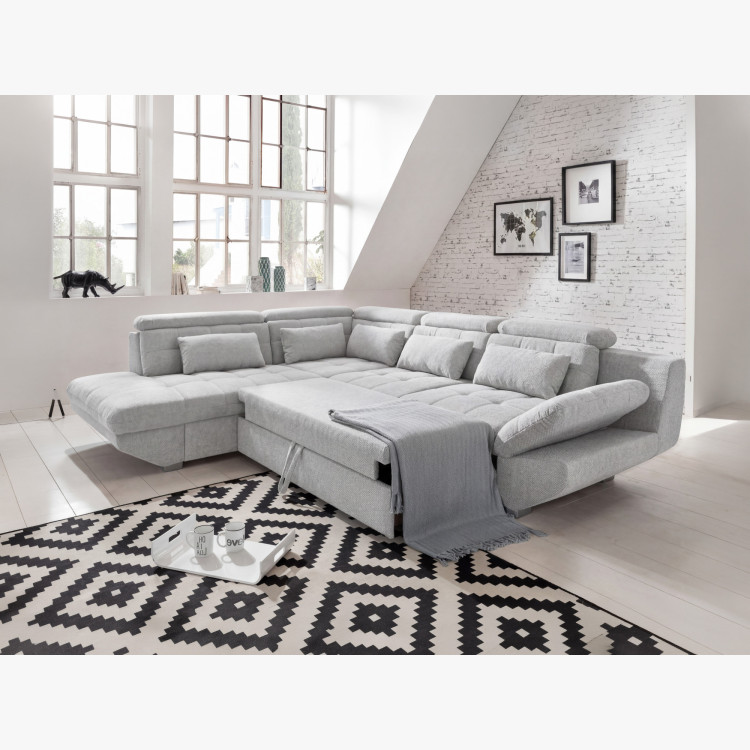 Rohová sedacia súprava šedá – roh vľavo s funkciou spania a úložným priestorom