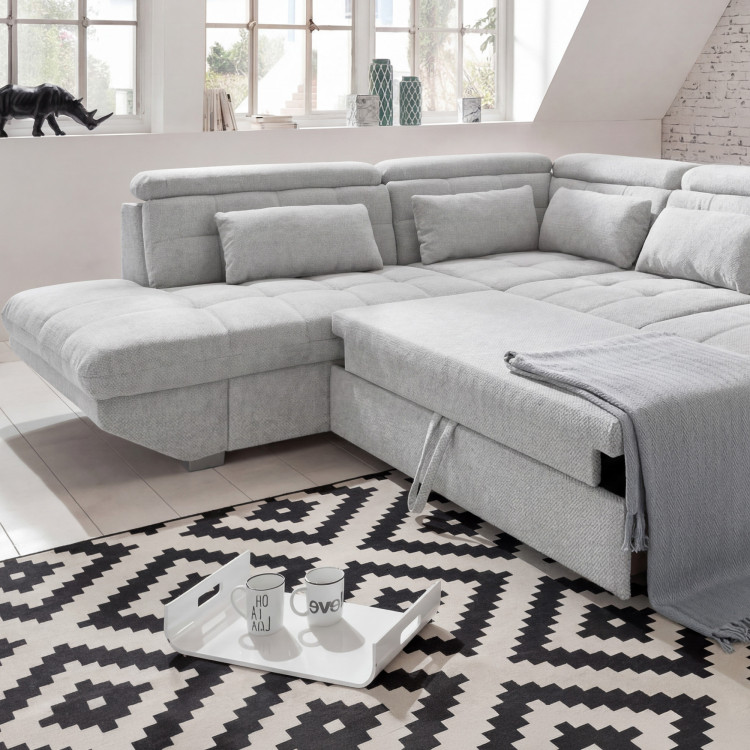 Rohová sedacia súprava šedá – roh vľavo s funkciou spania a úložným priestorom