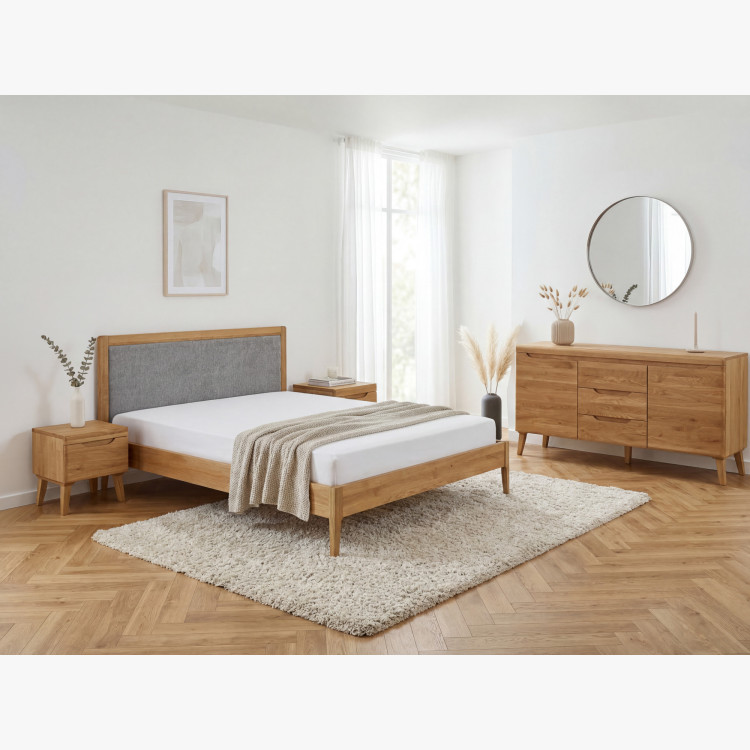 Manželská posteľ na nohách z dubu 180 x 200 cm, Látkové čelo