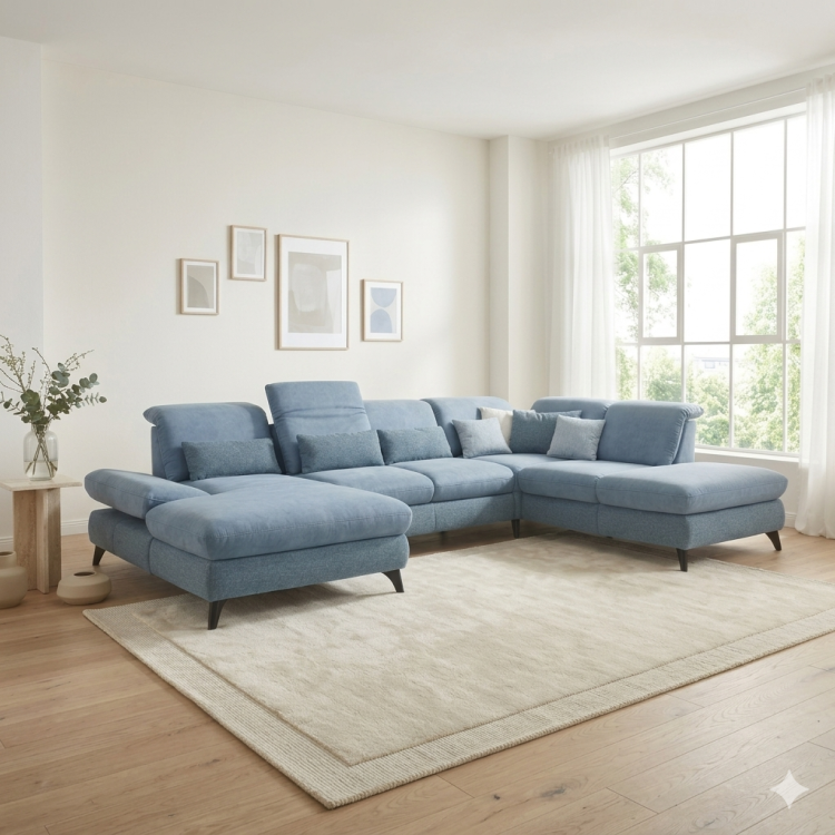 Sedacia súprava Carolina v tvare písmena U s možnosťou funkcií, modrá