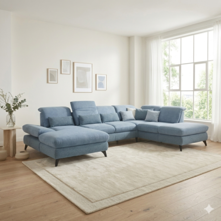 Sedacia súprava Carolina v tvare písmena U s možnosťou funkcií, modrá