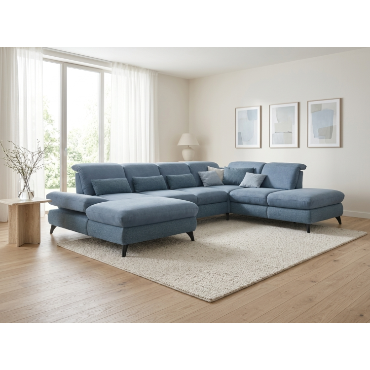 Sedacia súprava Carolina v tvare písmena U s možnosťou funkcií, modrá