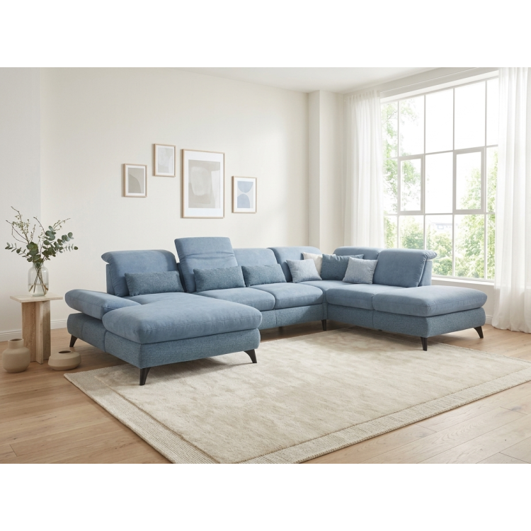 Sedacia súprava Carolina v tvare písmena U s možnosťou funkcií, modrá