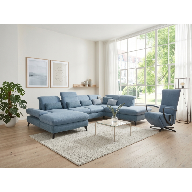 Sedacia súprava Carolina v tvare písmena U s možnosťou funkcií, modrá