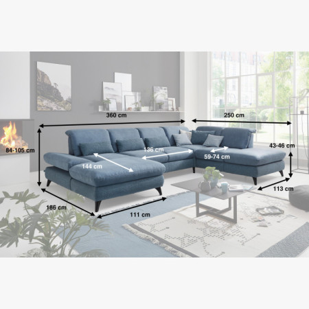 Sedacia súprava Carolina v tvare písmena U s možnosťou funkcií, modrá