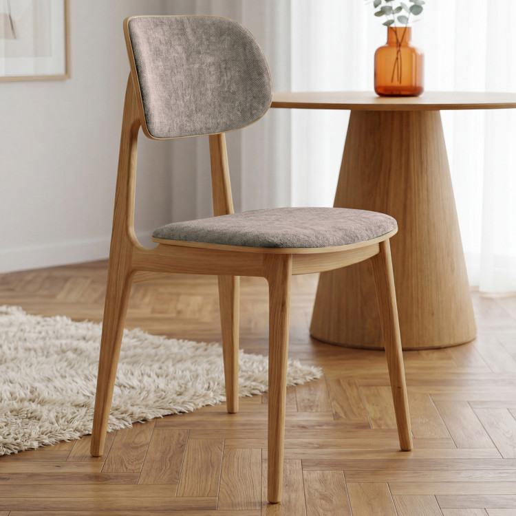 Čalúnená jedálenská stolička Vard z masívneho dubu – šedo-hnedá látka taupe