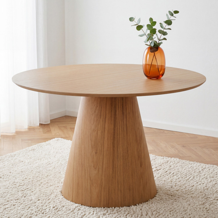Kruhový jedálenský stôl 120 cm s kužeľovitou nohou – dubová dyha natural