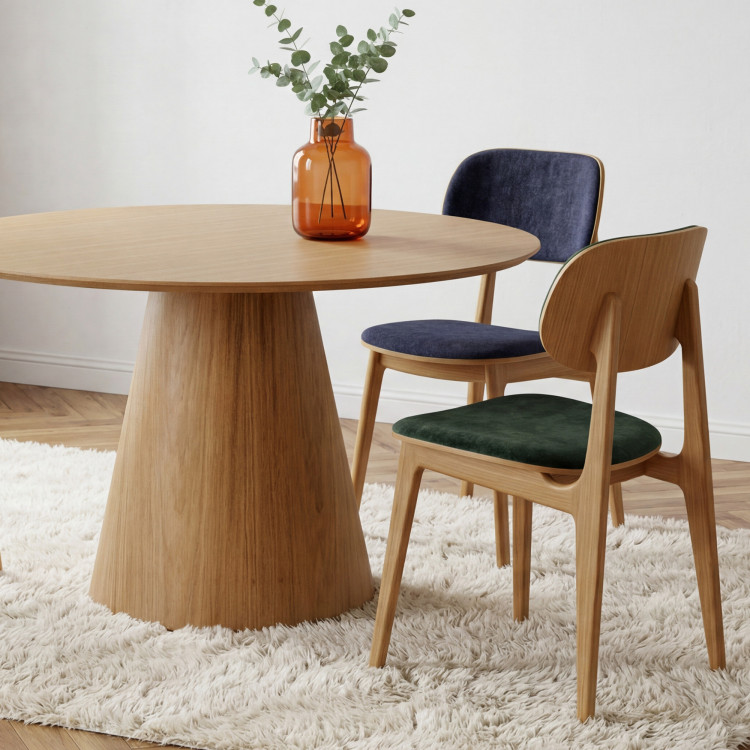 Kruhový jedálenský stôl 120 cm s kužeľovitou nohou – dubová dyha natural