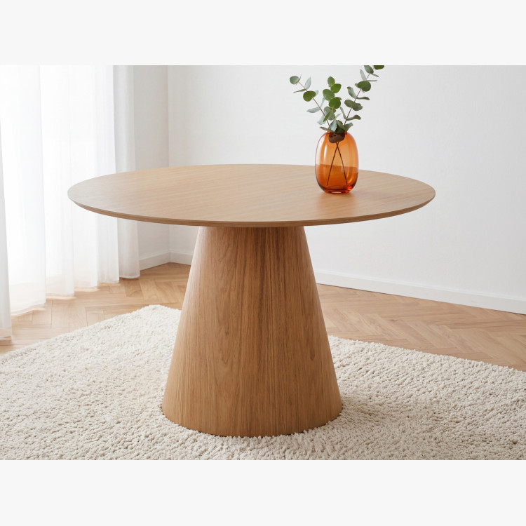 Kruhový jedálenský stôl 120 cm s kužeľovitou nohou – dubová dyha natural