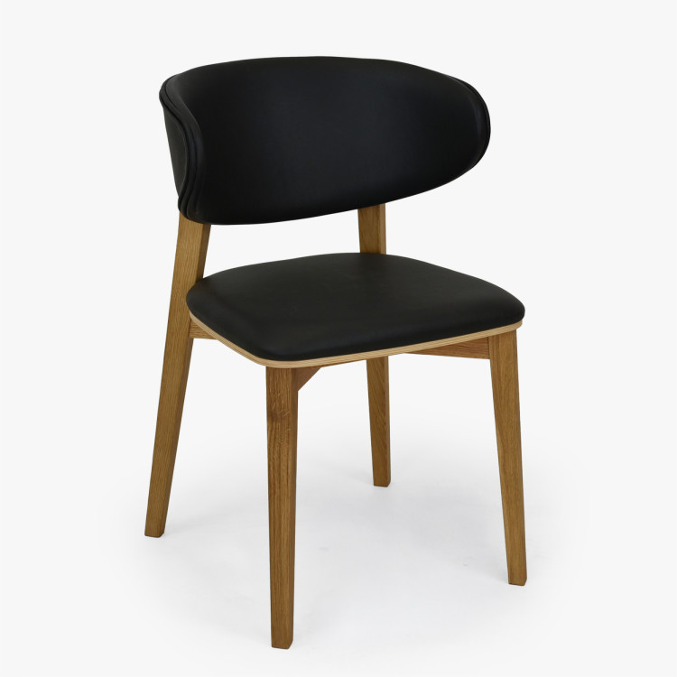 Čalúnená jedálenská stolička Saška – čierna talianska koža, masívny dub olejovaný