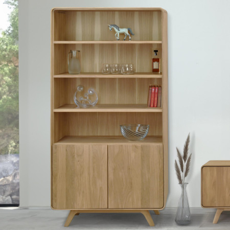 Drevený dubový regál s dvierkami, biely dub