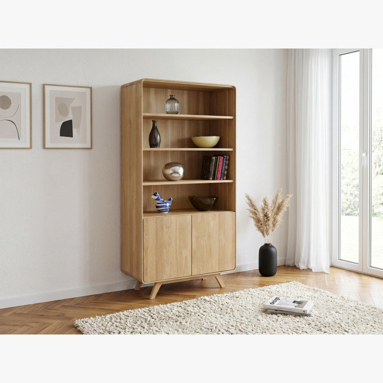 Drevený dubový regál s dvierkami, biely dub