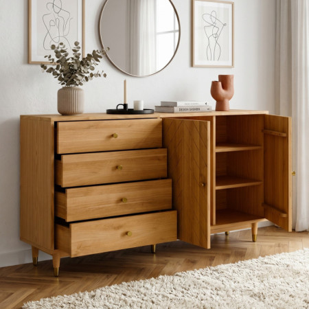 Dubová komoda 167,5 cm so zásuvkami a dvierkami – olejovosk, tichý dojazd