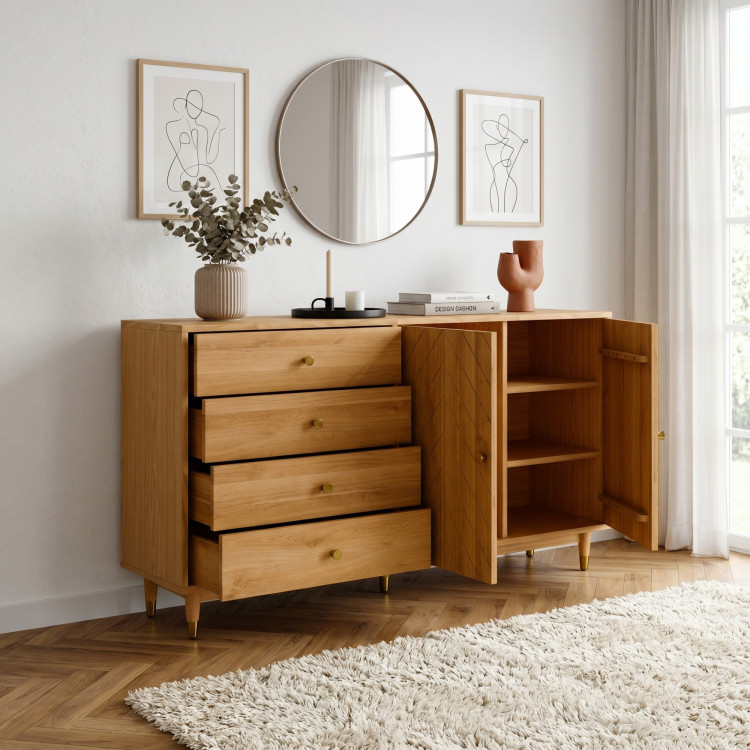 Dubová komoda 167,5 cm so zásuvkami a dvierkami – olejovosk, tichý dojazd