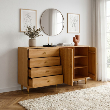 Dubová komoda 167,5 cm so zásuvkami a dvierkami – olejovosk, tichý dojazd