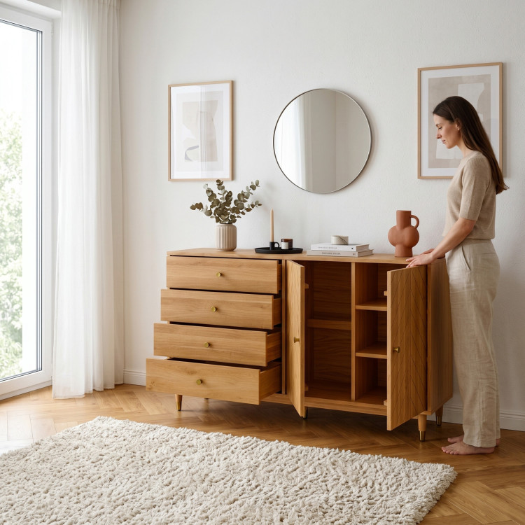 Dubová komoda 167,5 cm so zásuvkami a dvierkami – olejovosk, tichý dojazd