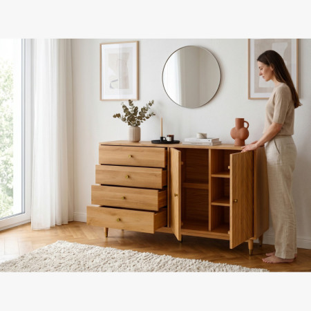 Dubová komoda 167,5 cm so zásuvkami a dvierkami – olejovosk, tichý dojazd