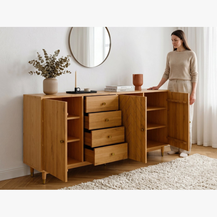 Masívna dubová komoda Jessica 190 cm s frézovaným vzorom rybej kosti