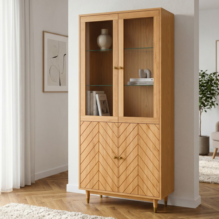 Dubová vitrína 95 cm s presklenými dvierkami a dekorom rybej kosti