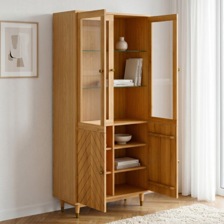 Dubová vitrína 95 cm s presklenými dvierkami a dekorom rybej kosti