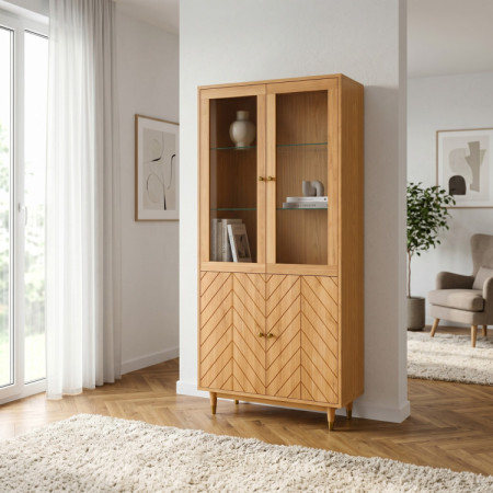 Dubová vitrína 95 cm s presklenými dvierkami a dekorom rybej kosti