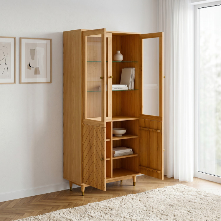 Dubová vitrína 95 cm s presklenými dvierkami a dekorom rybej kosti