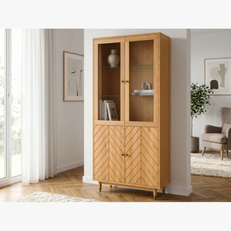 Dubová vitrína 95 cm s presklenými dvierkami a dekorom rybej kosti